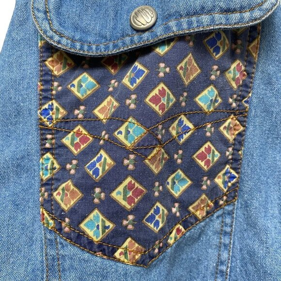 Vintage Denim Shirt Large Patchwork Western Snap Buttons Blue Womens Button Up - Picture 7 of 13